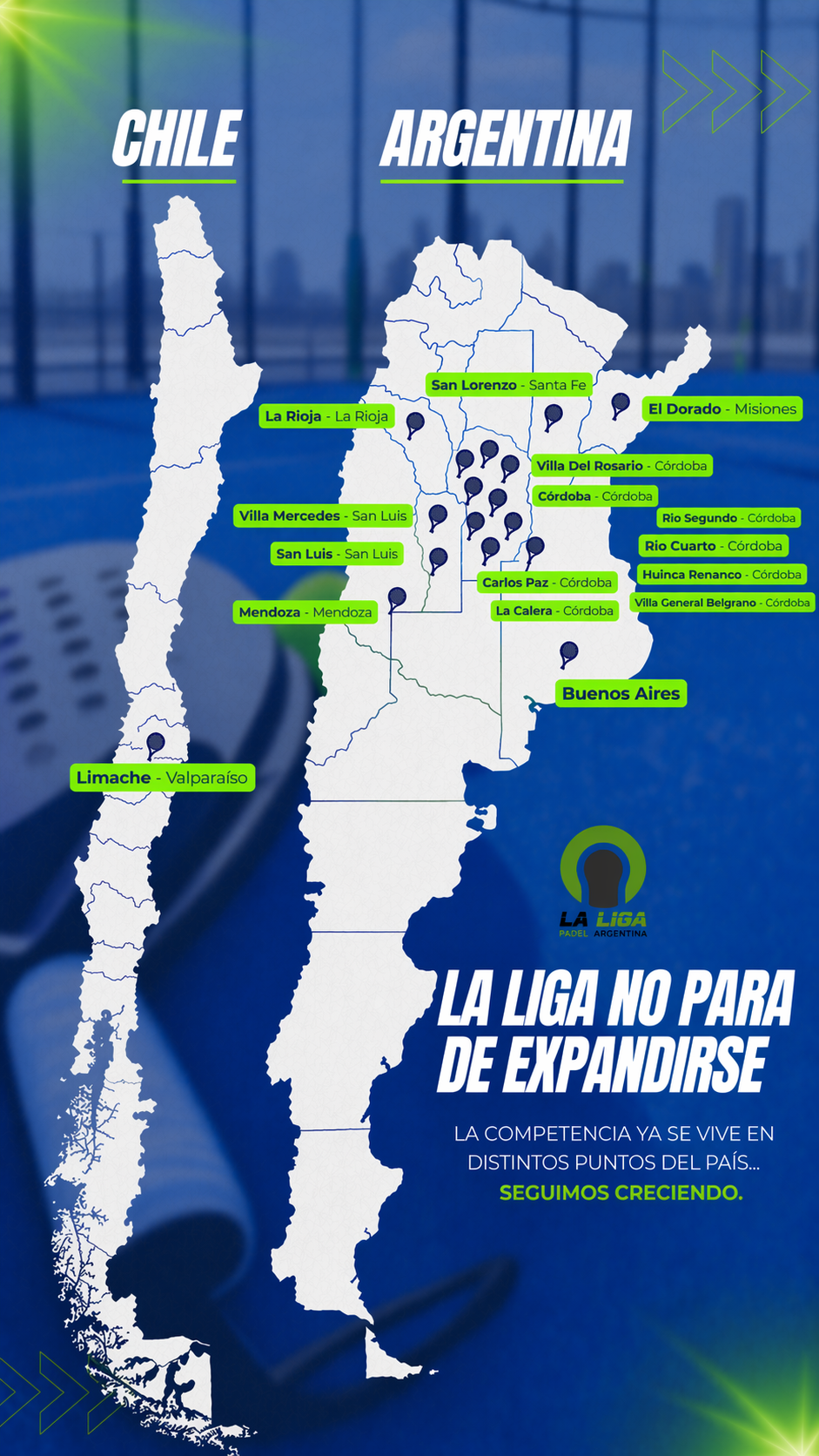 Mapa de expansión de La Liga Pádel Argentina